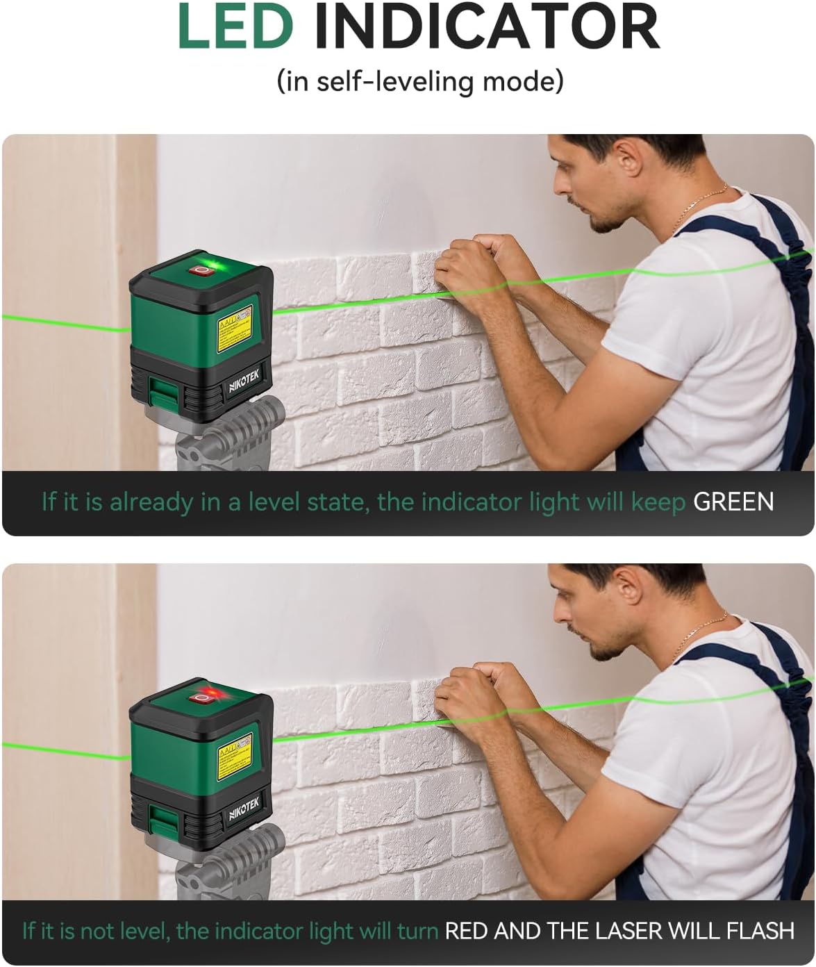 Laser Level, Self-leveling Green Line Laser With Horizontal and Vertical Lines for Construction and Picture Hanging, Battery Included (NK01G)