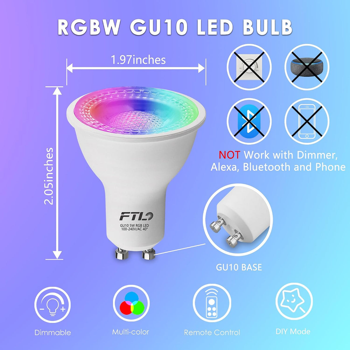 FTL GU10 LED Bulbs Color Changing Light Bulbs with Remote Control, Dimmable 2700K-6000K RGB Colored Light Bulbs 5W 40W Equivalent, 30 Colors, Timer, Spotlight for Track Lighting, 6-Pack