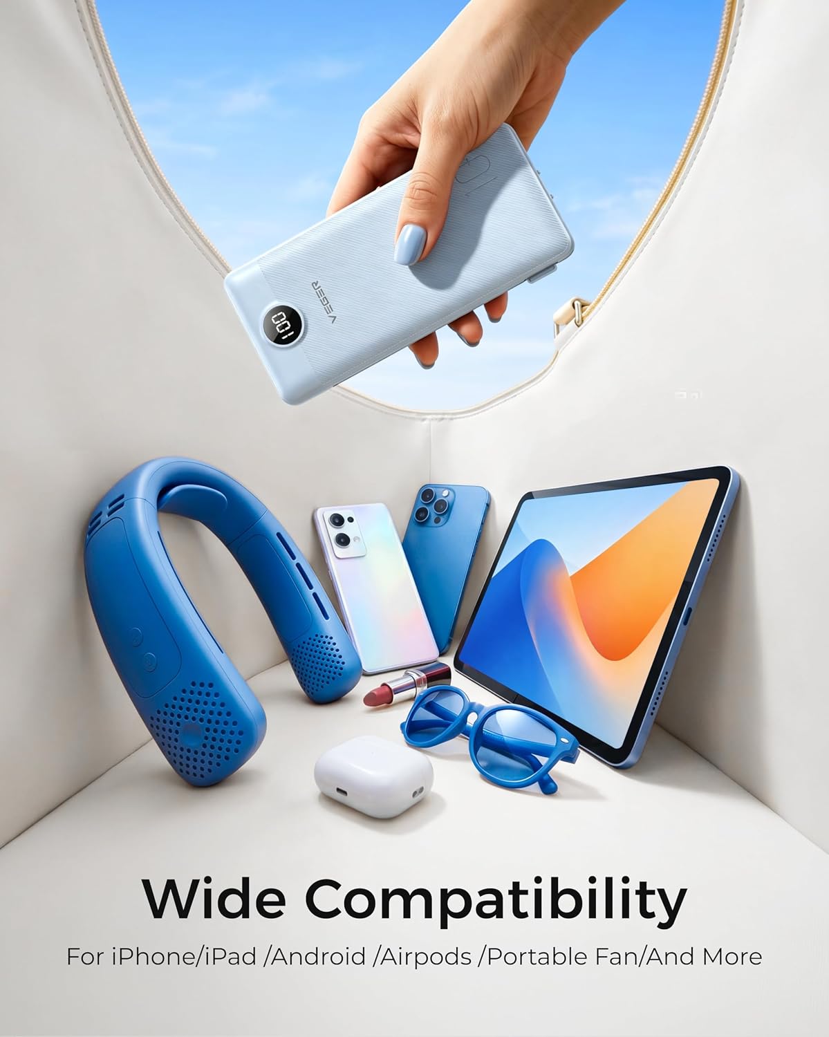 VEGER Portable Charger for iPhone, Power Bank Built in Cable and Wall Plug | 10000mAh Slim USB C Battery Pack, Travel Essentials for Camping Cruise Business Trip, Compatible with Smart Devices, Blue
