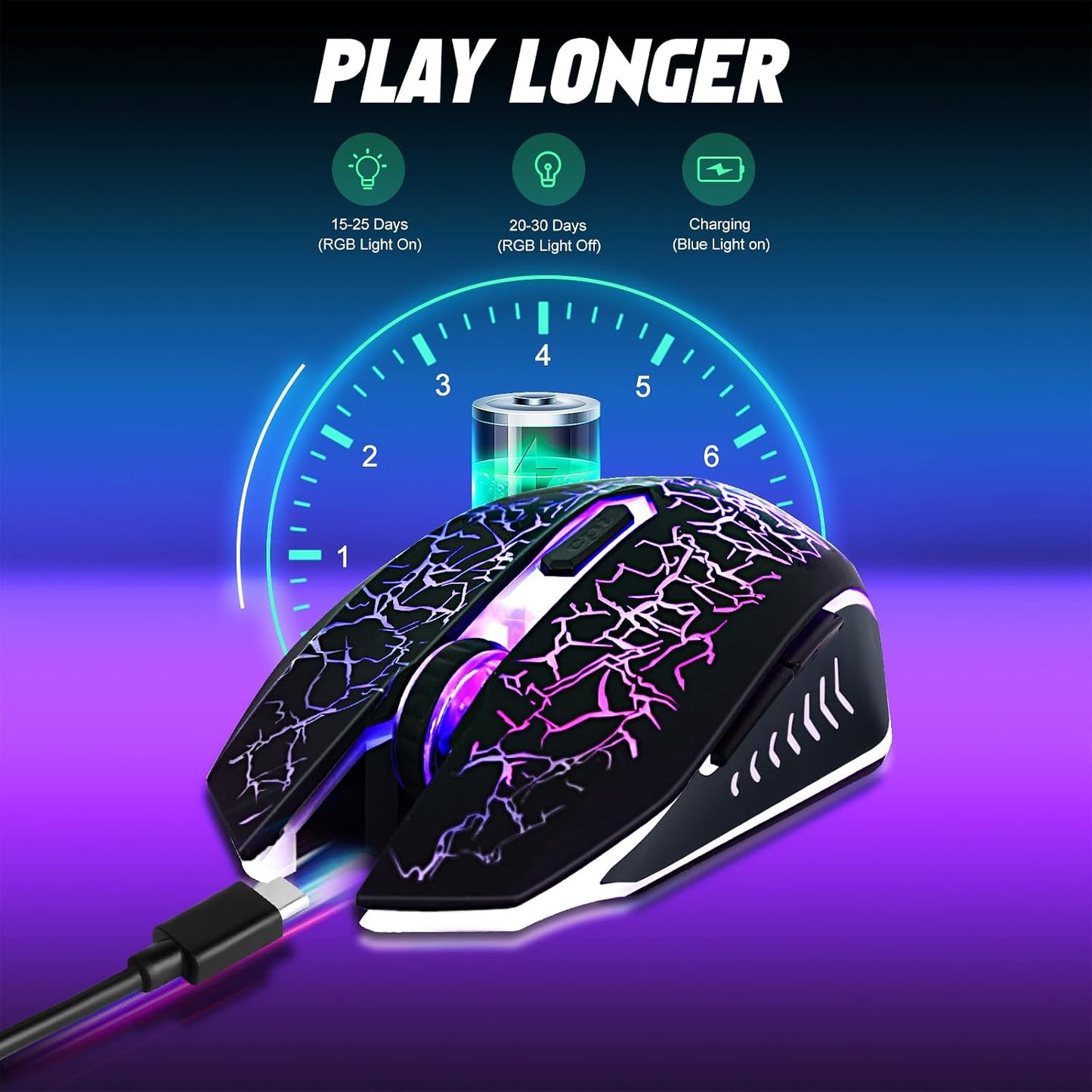 Wireless Gaming Mouse, Rechargeable Wireless Computer Mouse, 7-Color LED Light, Ergonomic Mouse with 6 Silent Click Buttons, 3 Adjustable 2400 DPI Wireless Mouse for Laptop,PC,Mac, Black