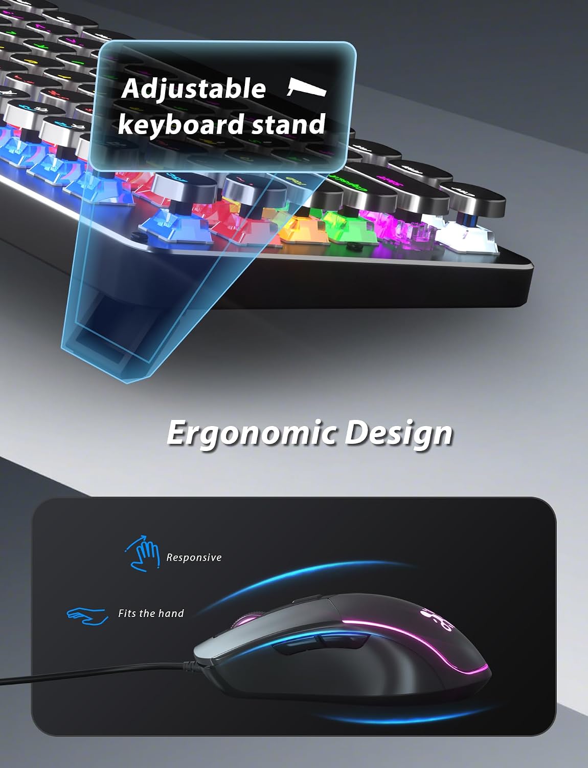 Typewriter Style Mechanical Gaming Keyboard Blue Switch, Rainbow LED Backlit Wired Computer Keyboards Mouse and Pad Combo, Metal Panel Retro Punk Round Keycaps, 104 Keys Anti-Ghost for PC Laptop Gamer