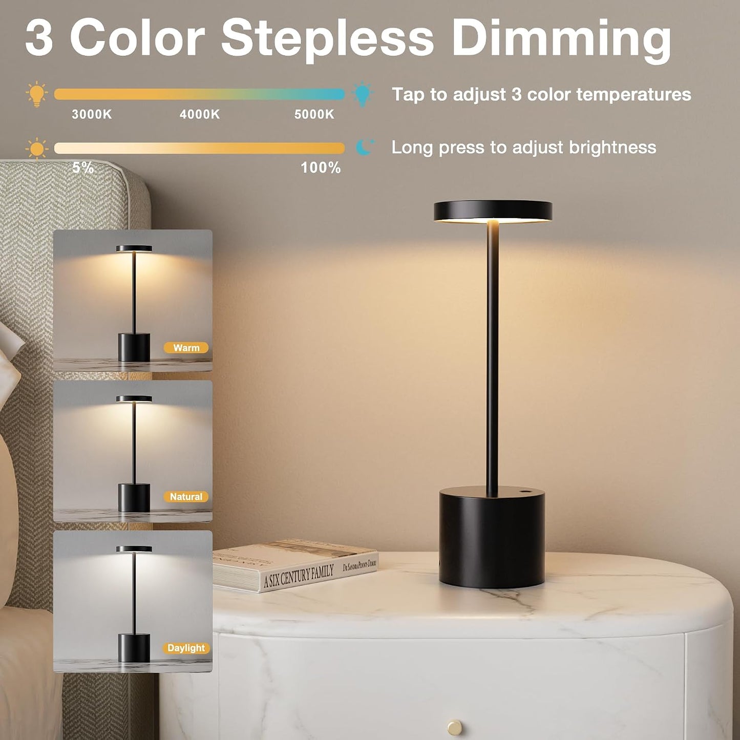 Rechargeable Cordless Table Lamp, 4000mAh Battery Operated, Black, 2 Pack | Wireless LED Lamp, 3 Color Modes, Stepless Dimming, for Dining Room, Bedroom, Bar, Cafe, Restaurant, Outdoor Patio, Camping