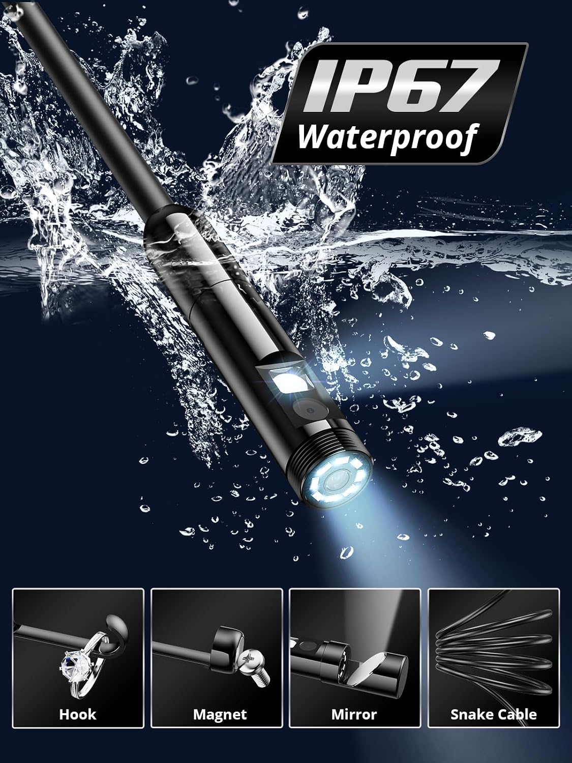 Endoscope Camera with Light, Dual-Lens 1920P HD Borescope with 8 Adjustable LED Lights, IP67 Waterproof Boroscope Inspection Tools, 16.4ft Semi-Rigid Snake Camera for iOS & Android