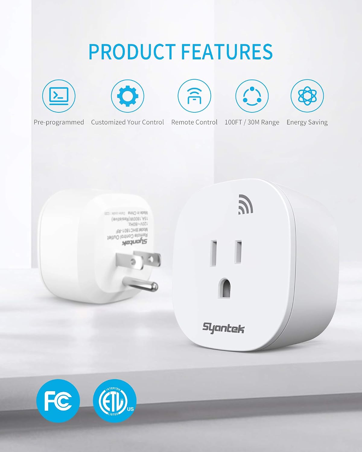 Syantek Remote Control Outlet Wireless Light Switch for Household Appliances, Expandable Remote Light Switch Kit, Up to 100 ft Range, FCC Certified, ETL Listed, White (3 Outlets + 1 Remotes)