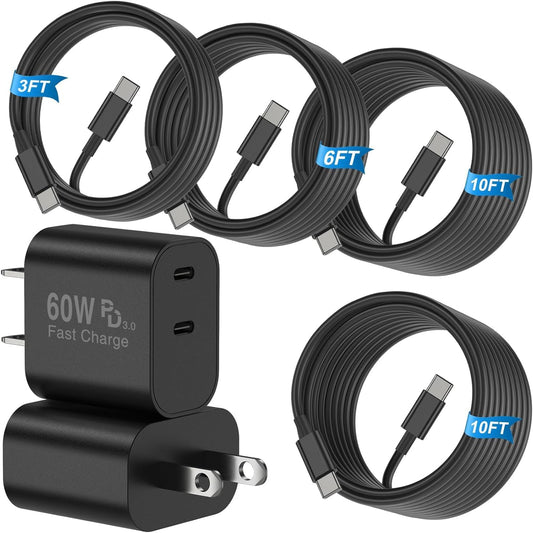 2Pack PD 3.0 Super Fast Charger USB C Dual Port Charger Block (60W total output) with 4Pack 60W [3FT+6FT+10FT+10FT] USB C to USB C Cable for Galaxy S26/S25/S24,for iPhone 17/16/15,for iPad and More