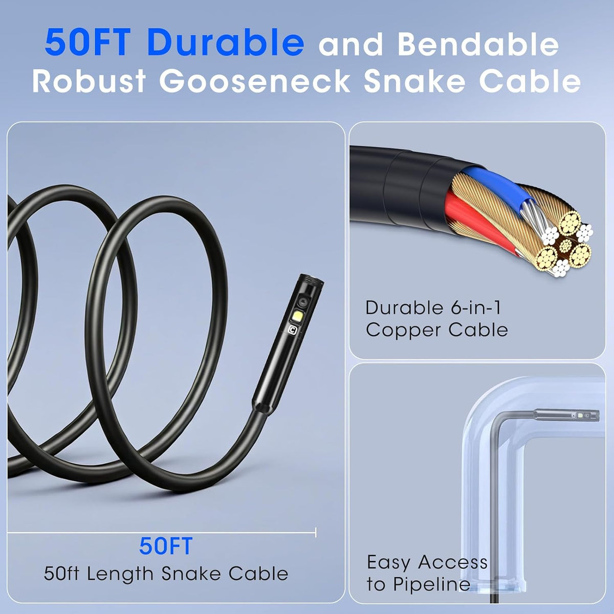 Triple Lens Borescope with 5" IPS Screen, 1920P HD Inspection Camera | Endoscope with 50FT Semi-Rigid Snake Cable & 32GB Card, IP67 Waterproof Plumbing Camera for Sewer/Automotive/Drain Pipe