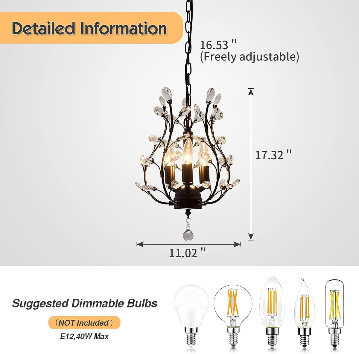 CVKASH 3 - Light Branch Crystal Chandelier Small Flush Mount Vintage Pendant Hanging Lighting Farmhouse Light Fixture for Bedroom Porch Dining Room Kitchen Hallway Foyer(Matte Black)