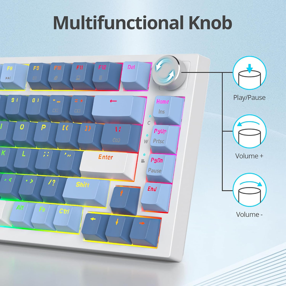 Guffercty kred 75% Percent Blue Keyboard Gasket Mount with Knob, Hot-swappable RGB Wired Mechanical Gaming Keyboard Programmable for Mac/Win (82 Sea Fog Blue)