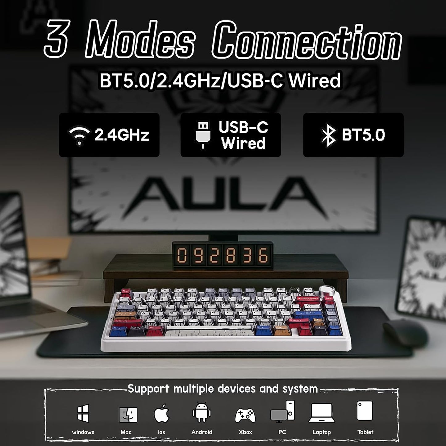 Aula F75 Wireless Mechanical Keyboard,Creamy Keyboard with RGB Backlit Hot Swappable, 81 Keys 75% Layout Gaming Keyboard, Bluetooth/2.4GHz/Type-C, Creamy Sounding - Reaper Switches
