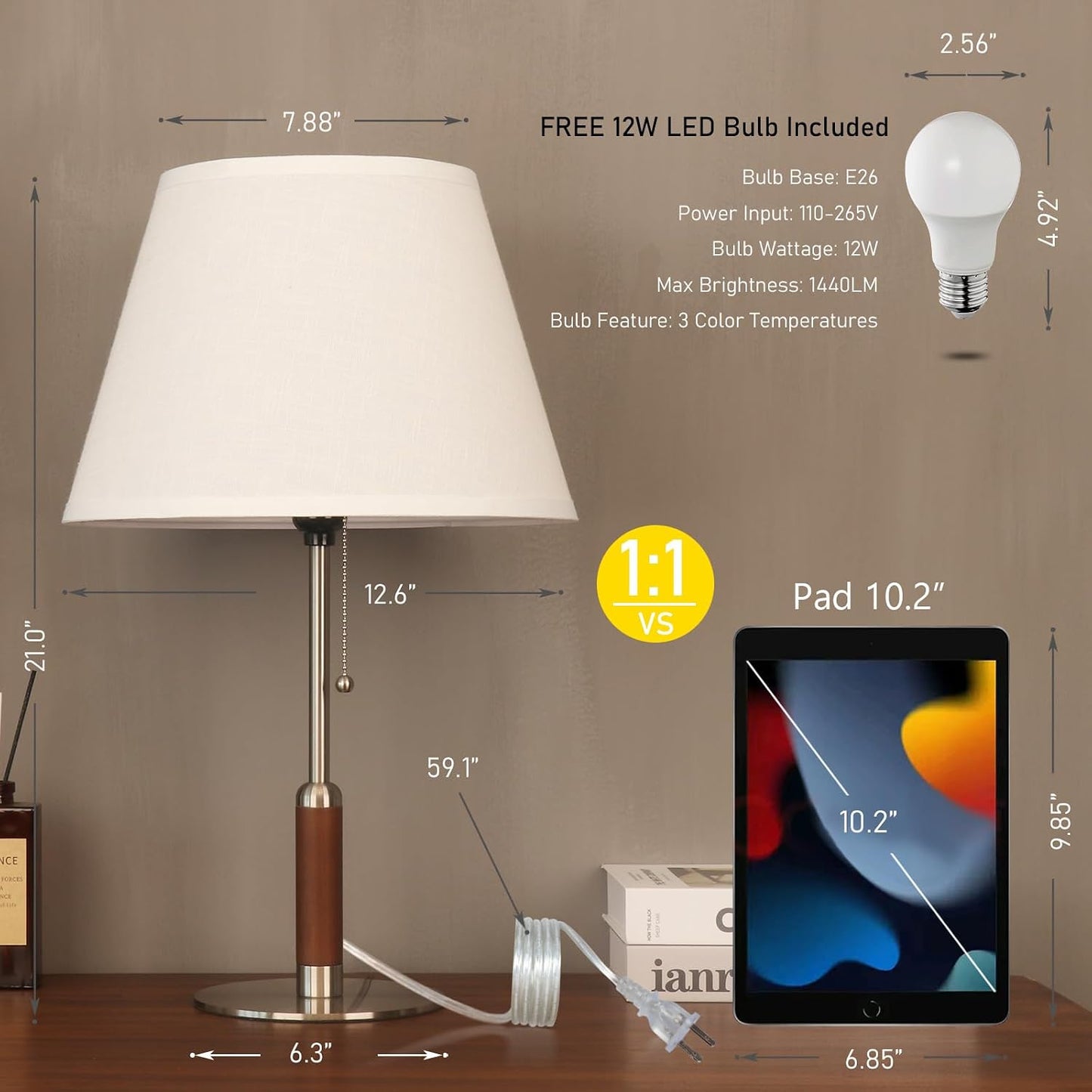 21" Modern Bedside Lamp Mid Century Table Lamp, Pull Chain Nightstand Lamp for Bedroom Living Room 3-Color Light, Solid Wood/Metal/Fabric for Home/Office/Desk Decor(Off White+Brushed Nickel)