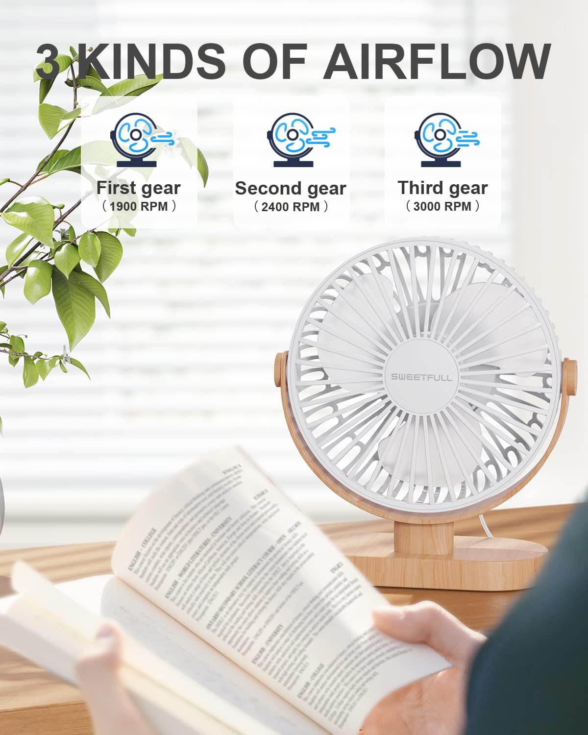 SWEETFULL Small USB Desk Fan, Desktop Table Fan, Quiet Office Mini - White | 6.5" Personal Fan; 3 Speeds; 360° Adjustable; 25dB; 10oz; USB Powered; Stable Base; Easy Cleaning-Home & Cooling; Retro Decor