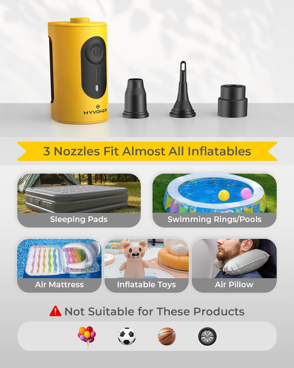 Portable Air Pump for Inflatables, 4000mAh Ultra Fast Air Mattress Pump with Advanced Heat Dissipation, 3 Nozzles Electric Air Pump Inflate Deflate for Sleeping Pads, Pool Floats