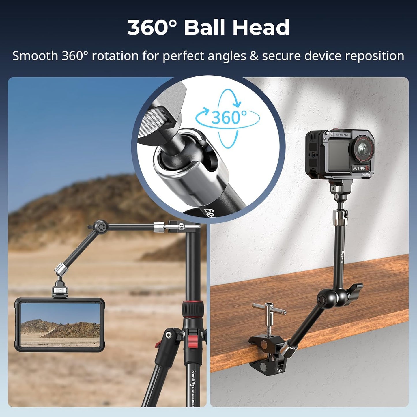 SMALLRIG 11" Magic Arm Clamp with 1/4"-20 Screw & Retractable Pins | for Action Cameras, Monitors, Lights, and Microphones