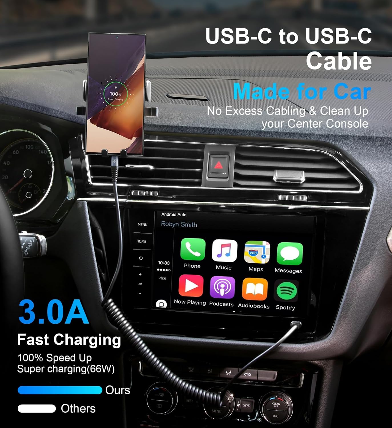 USB C Cable 3ft 2Pack USB C to USB C Charger Cable for Car, Coiled Type C | Fast Charging Cable Carplay Android Auto Type C Fast Charging Cable for iPhone 17/16/ 15/Pro Max/Samsung Galaxy S26 and More