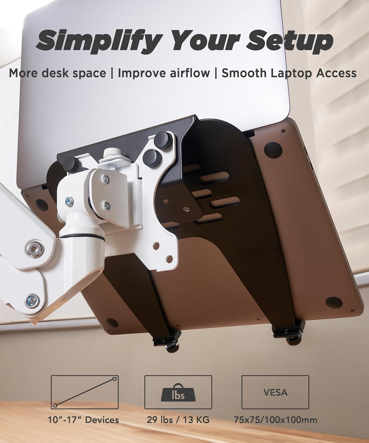 ULTRARM Steel Laptop Tray Holder for VESA Monitor Arm, Stand & Mount | 29 lb Capacity, Vented Cooling Platform, Smooth Access Design, VESA 75/100 Mounting Holes, Also Fits Tablets, Black, MAAC-L