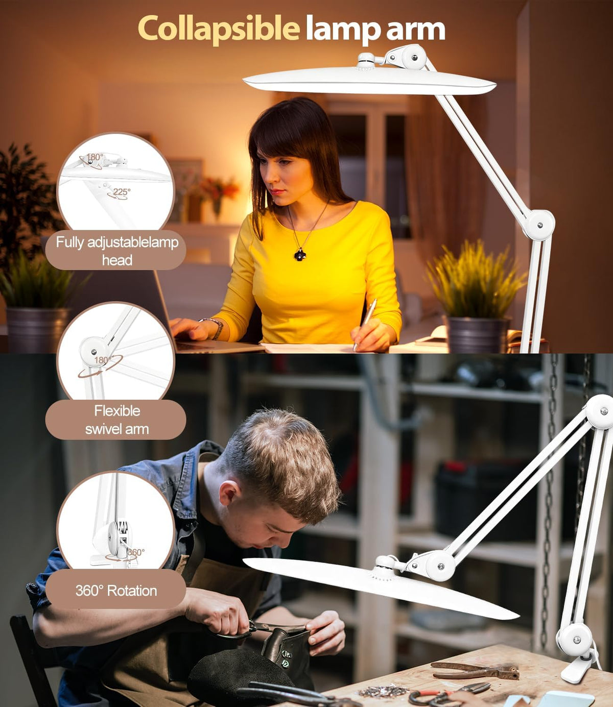 Led Desk Lamp with Clamp, Eye Caring Architect Desk Light for Home Office, Dual Screen Computer Monitor Gooseneck Adjustable Arm 20" LED Lamp, Stepless Dimming, for Nails &Salon, Reading, Workbench