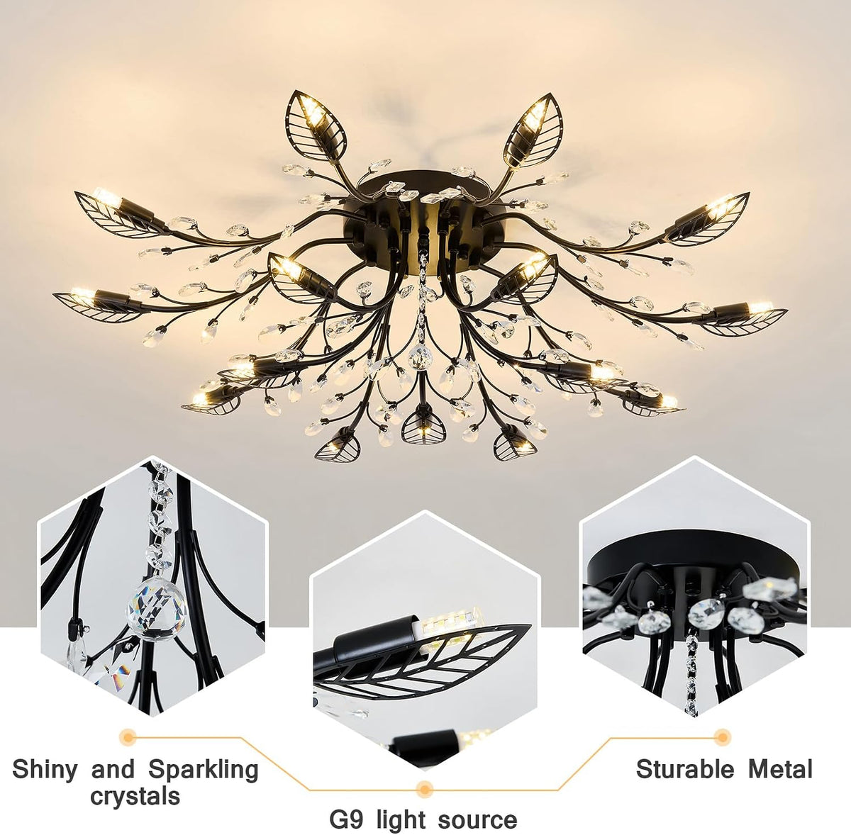CVKASH 15 Light Vintage Small Crystal Chandelier Modern Branche Semi Flush Mount Ceiling Light Fixture Black Chandelier Lighting for Kitchen Bedroom Living Room Dining Room Hallway Foyer