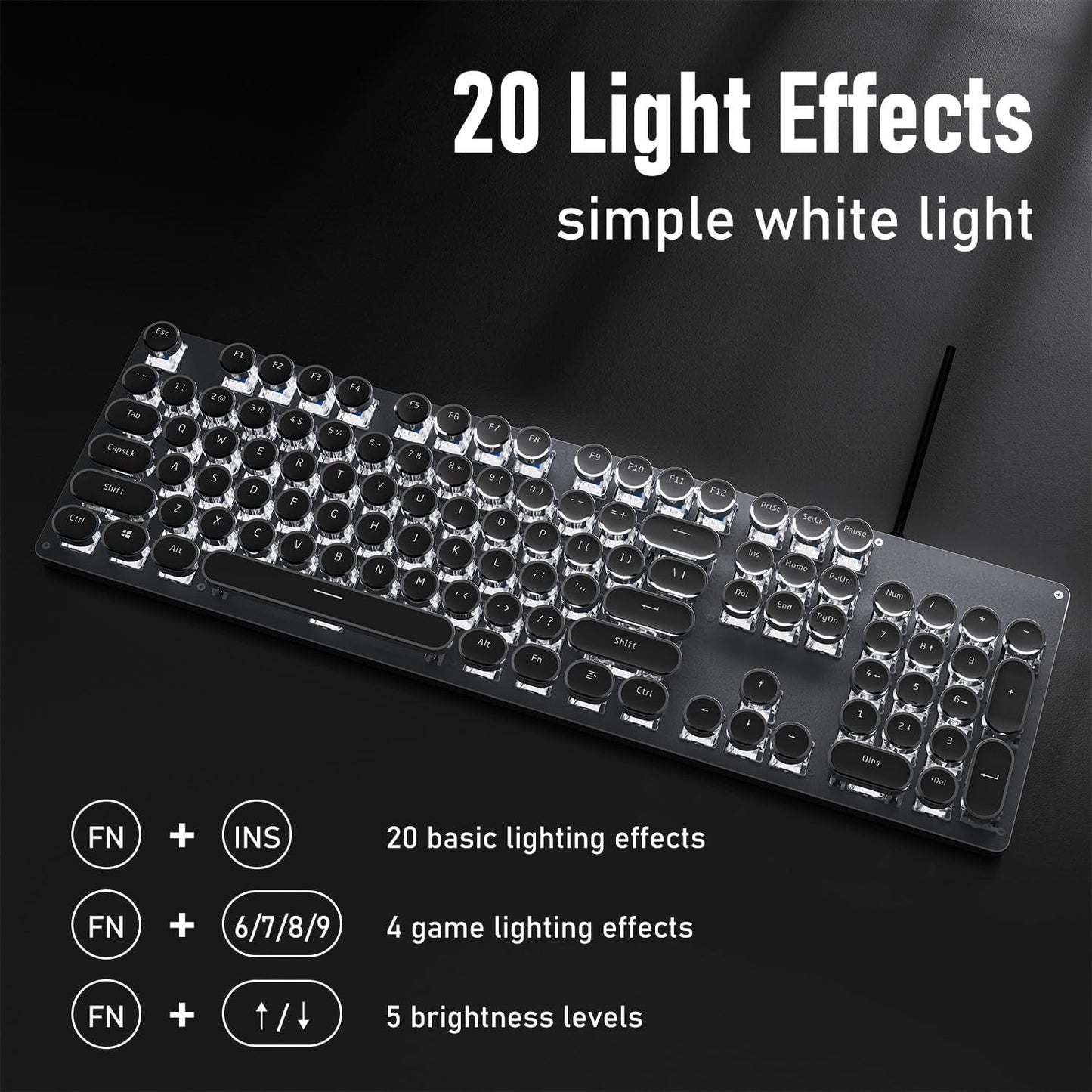 SEUNKWANG Typewriter Style Mechanical Gaming Keyboard with White Backlit, Wired Retro Punk Computer Keyboard Durable Metal Panel, Clicky Blue Switch, Round Keycaps, Full-size for PC/Desktop/Win, Black
