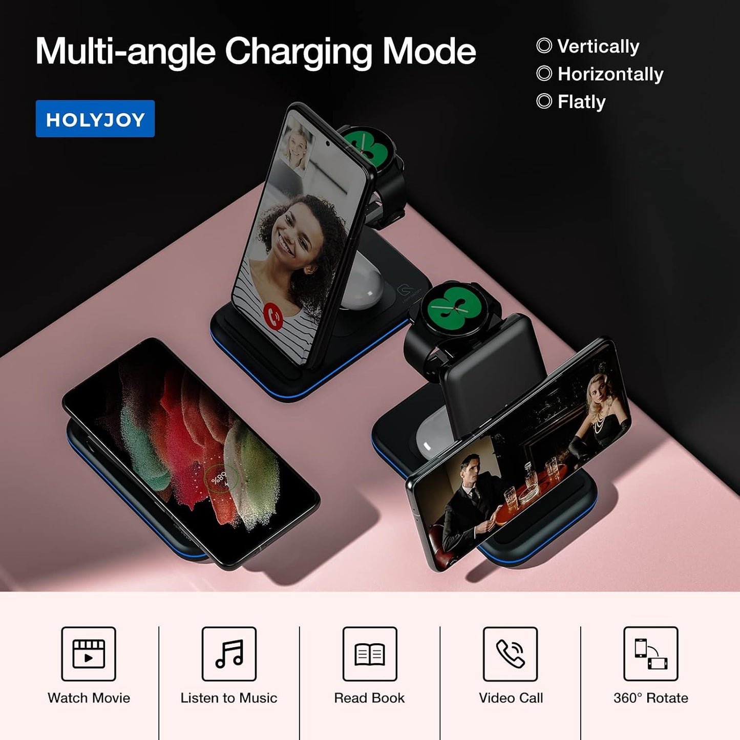 Wireless Charger for Samsung/Android, HOLYJOY Foldable 3 in 1 Fast Charging Station/Stand/Multi Charger for Samsung S25 Ultra/S24/Note 20, Travel Pad for Galaxy Watch 8/7/6/5/Active 2, For Buds(Black)