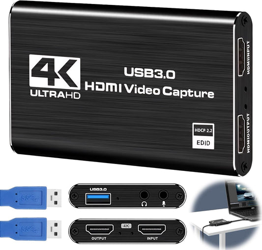 4K HDMI Video Capture Card for Streaming, 1080P 60FPS USB 3.0 Game Capture Device with Audio, Zero-Lag Capturadora De Video for Nintendo Switch PS5 Xbox PC OBS Live Recording
