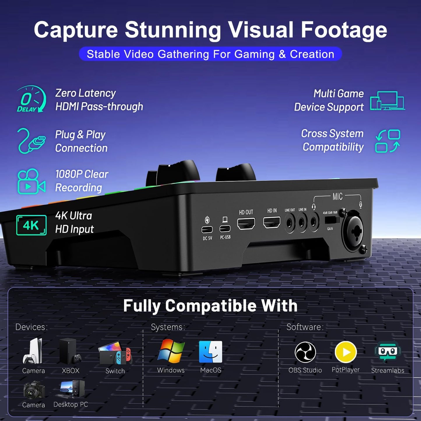 4K Video Capture Card with Audio Mixer, 1080P 60fps Streaming, 4K Zero-Latency Loop Out, XLR/48V Phantom Power, Voice Changer, RGB, 4 Faders, Plug & Play for Gaming/Podcast/Recording