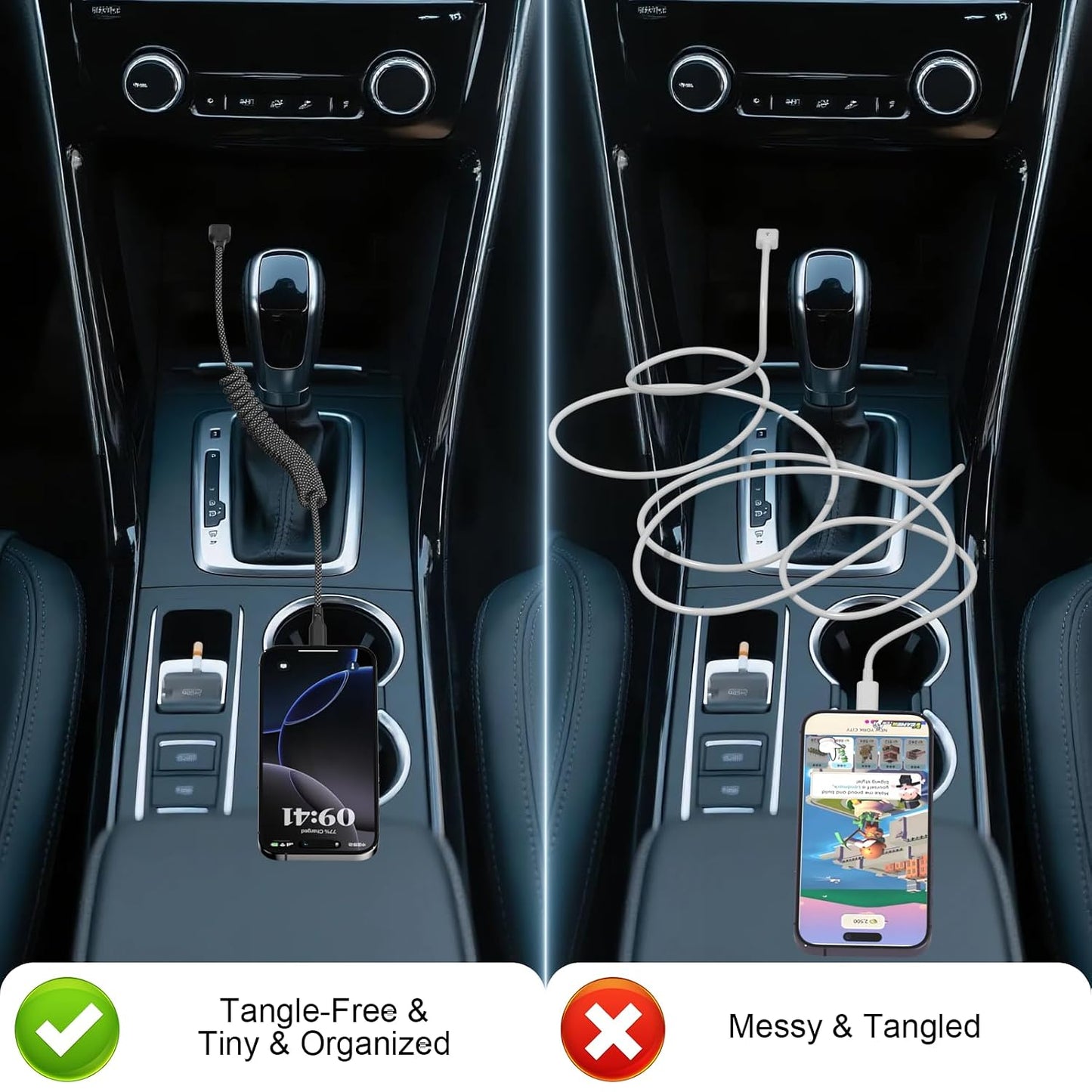 Coiled Carplay Car Charger Fast Charging, USB A to USB C Cable 2 Pack | Type C Charger Cord for iPhone 17/17 Air/16/15/Plus/Pro Max/Samsung/Android, Retractable Braided Nylon, 3ft, Grey