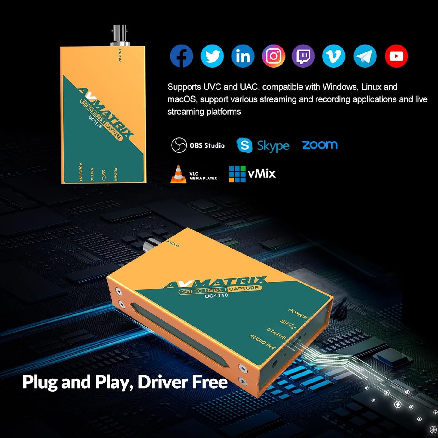 AVMATRIX UC1118 Video Capture Card SDI to USB 3.0(Gen1) 1080P60 Uncompressed (YUY2) Video Capture with Line in for Video Conferencing Telemedicine Online Education on OBS, Zoom, Teams, PC/Mac