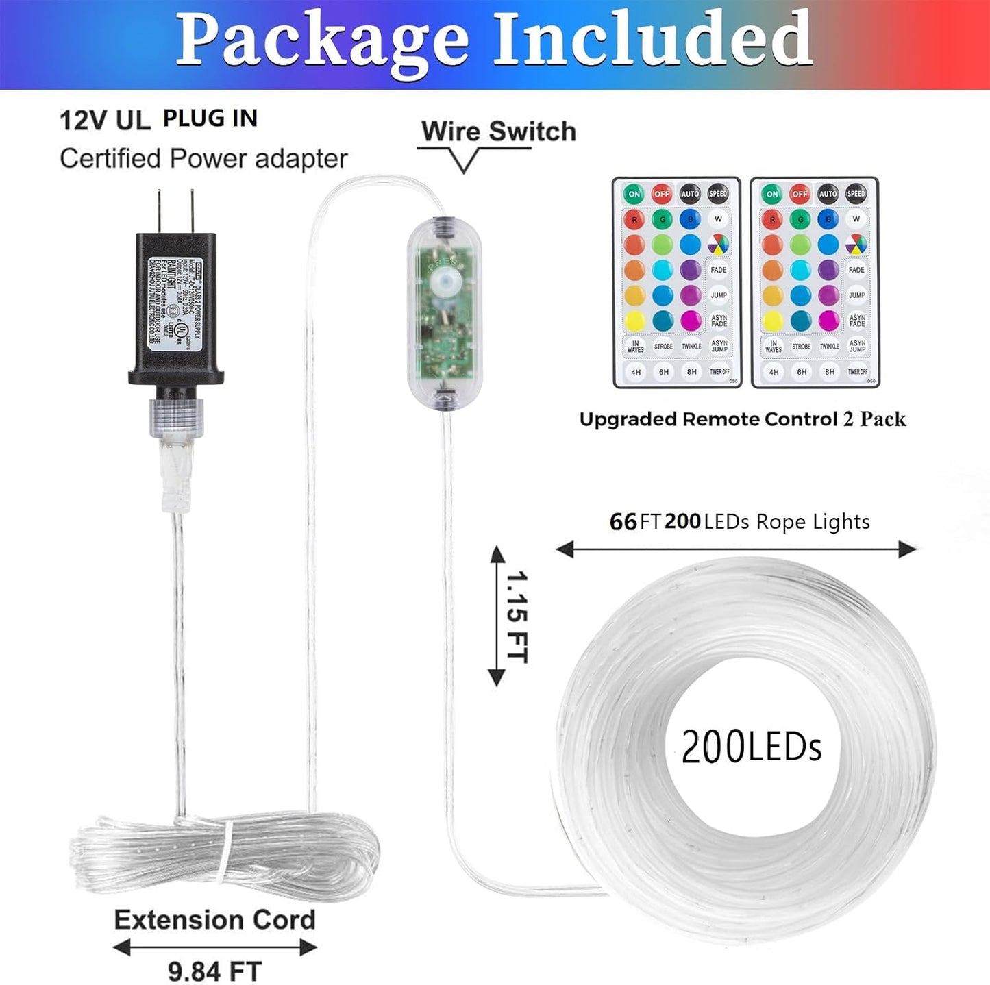 ANJAYLIA 66FT 200 LED Color Changing Rope Lights with Plug and Remote | Led Outdoor Waterproof Rope Light with Color Option, 7 Modes, Timer, Memory, Remote For Bedroom, Deck, and Holiday Decor