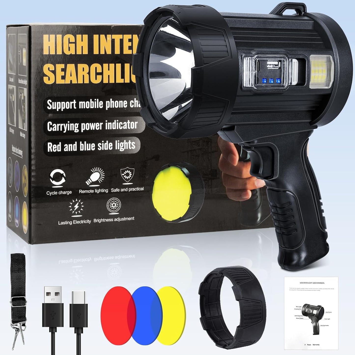 Sigoobal Rechargeable Spotlight,2000000 LM Super Bright Handheld Spot Light LED Flashlight High Lumens,Powered Spotlight Large Searchlight Outdoor with Solar Panels for Boating Camping Hunting