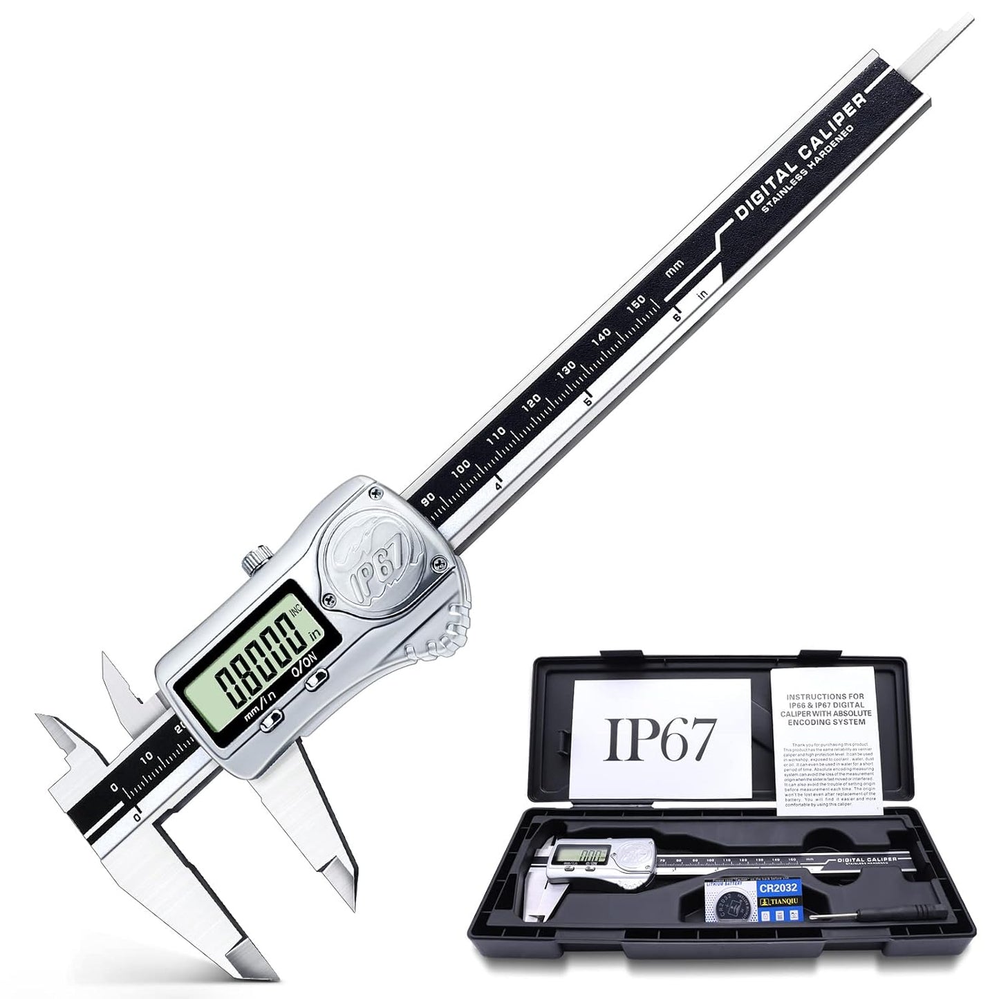 Kynup Digital Caliper, Caliper Measuring Tool, Micrometer, Full Turn Off | Auto-Off Feature, Stainless Steel, Large LCD Screen, Switch from Inch/Metric/Fraction, Black(6Inch/150MM)
