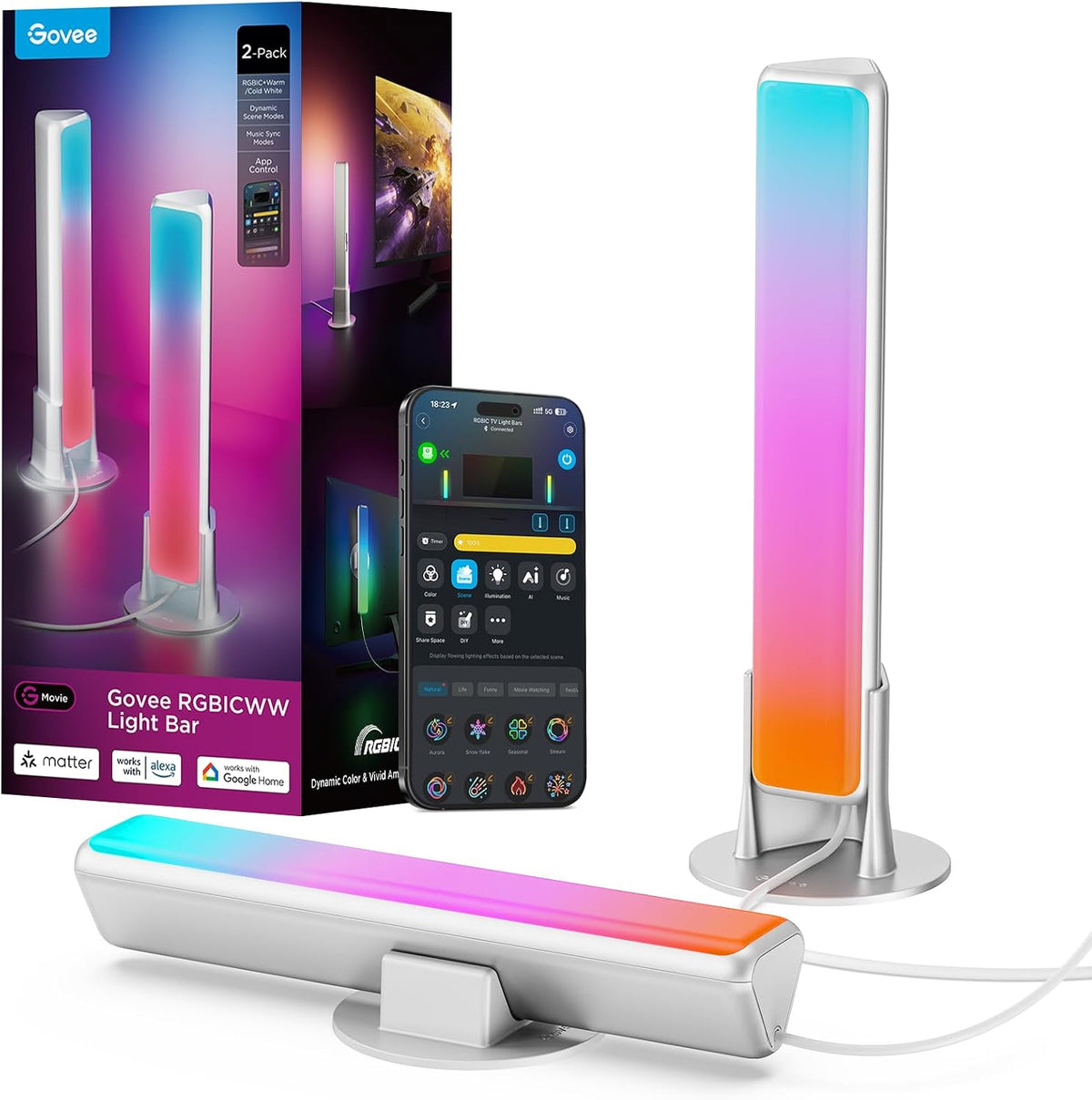 Govee Smart Light Bar, RGBICWW TV Lights for Living Room, Gaming, Silver