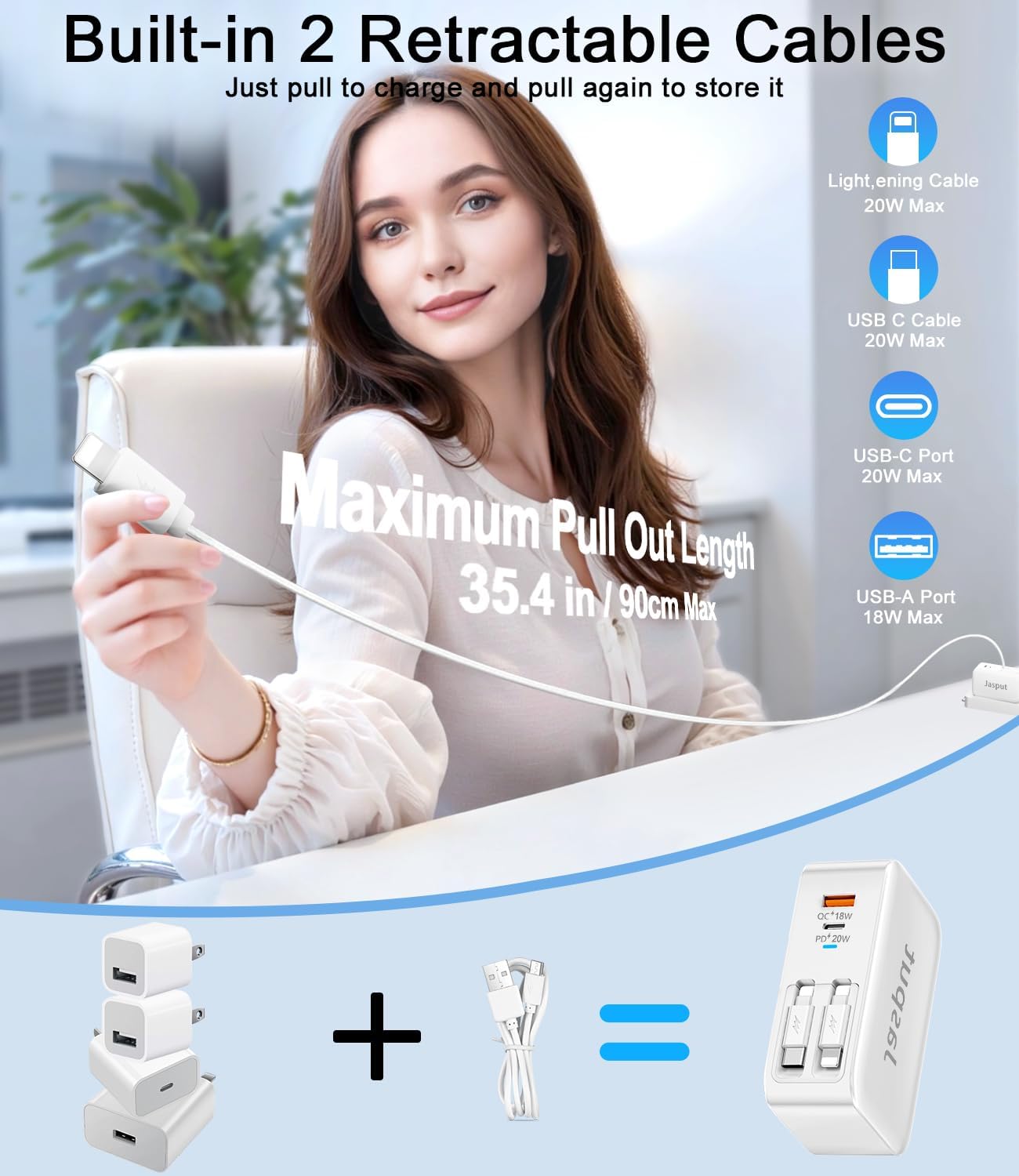 4 in 1 Retractable Wall Charger,40W Retractable Phone Charger Wall Plug | Foldable Plug,USBC & A Ports,20W USB C Chargers Block Fast Charging for iPhone 17 16 15 14 13,LG,Galaxy S25 S24 23,Pixel,LG
