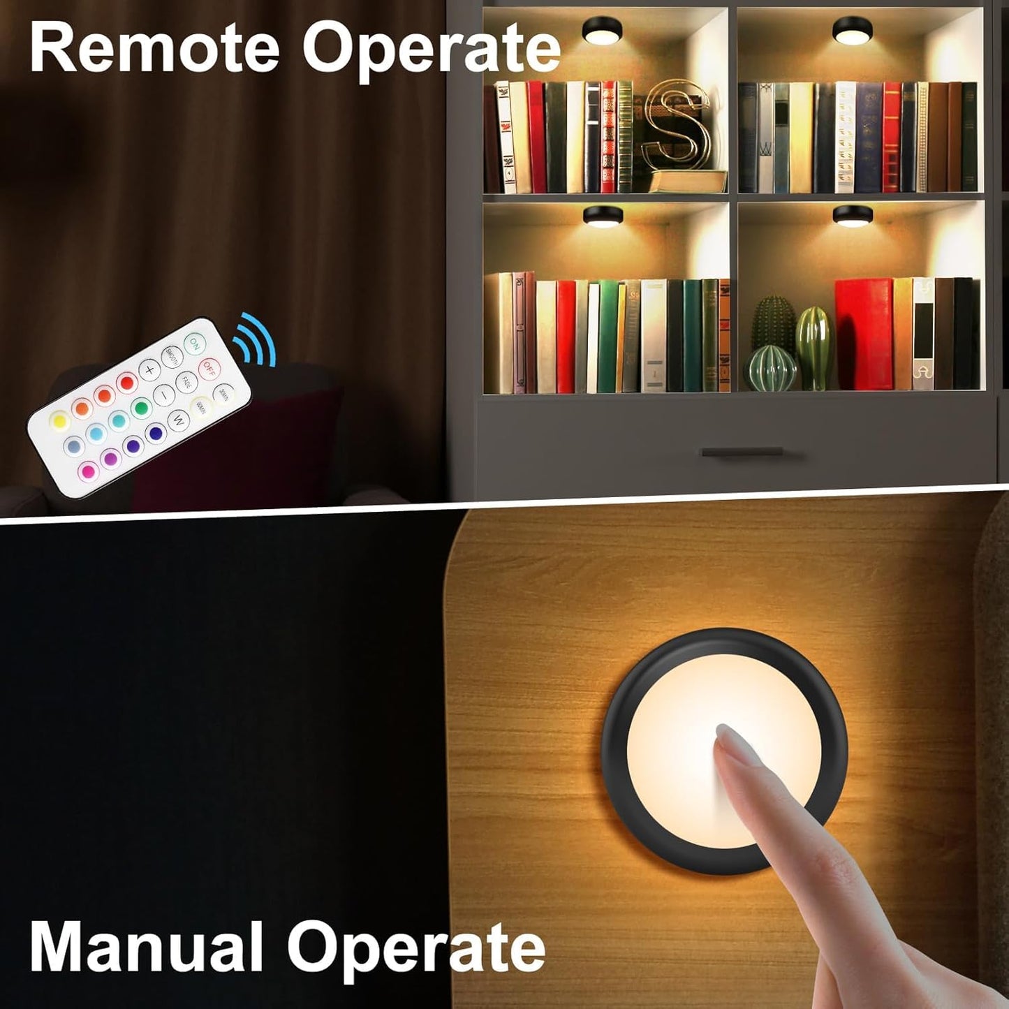 BLS LED Puck Lights with Remote Control, Wireless Under Cabinet & Closet Lighting, RGB 13 Color Changing Lights with Dimmer, Timer & AA Battery Operated, Push, Touch, Stick on for Night, Black, 6 Pack