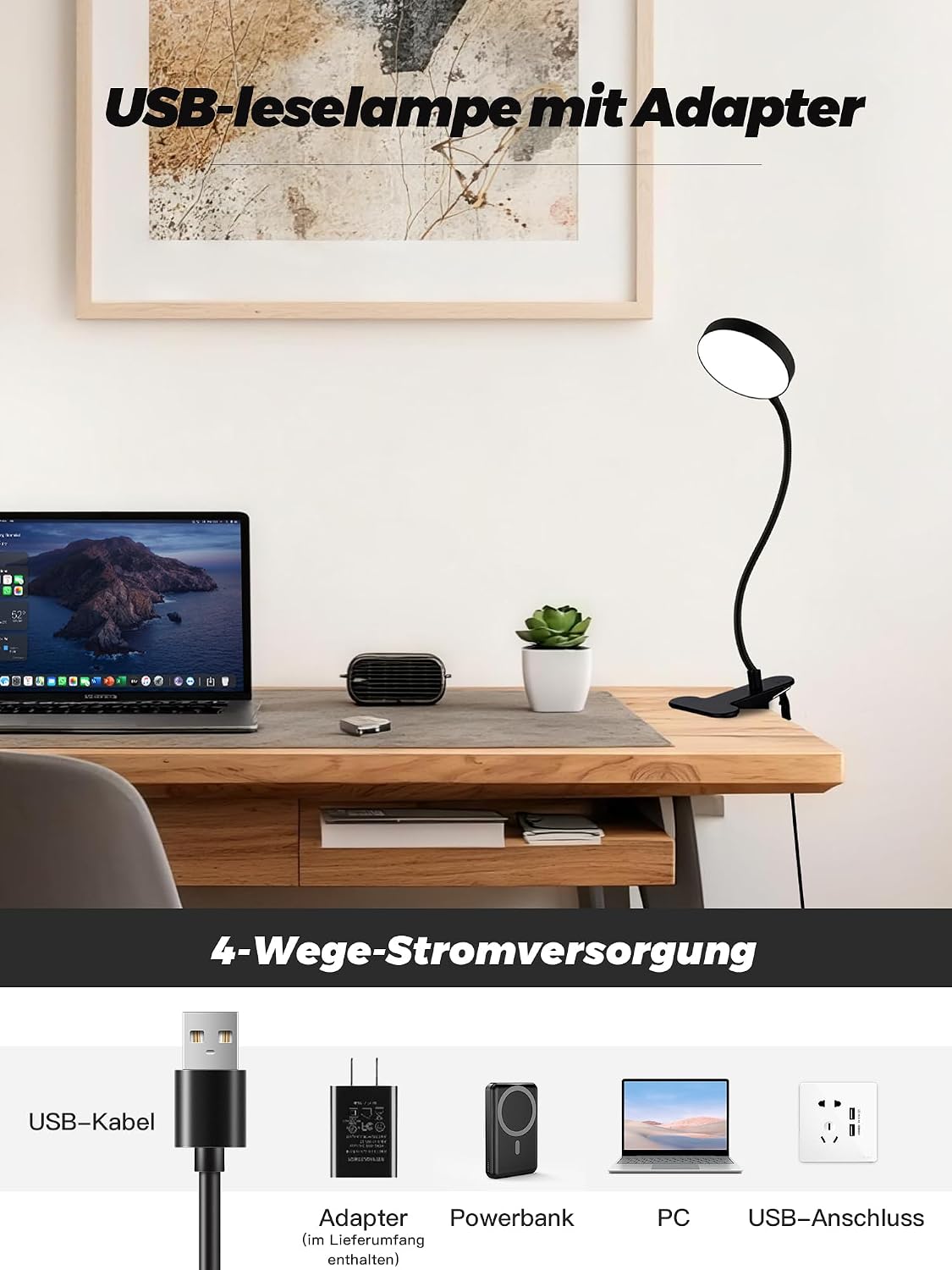 Clip on Light,10 RGB Colors+10 Brightness Small Desk Lamp with Clamp Light | 500 lm Bright 72 LED Desk Light, USB Adapter Reading Lights for Books in Bed/Headboard/Bedside Table/Bedroom/Dorm/Home Office