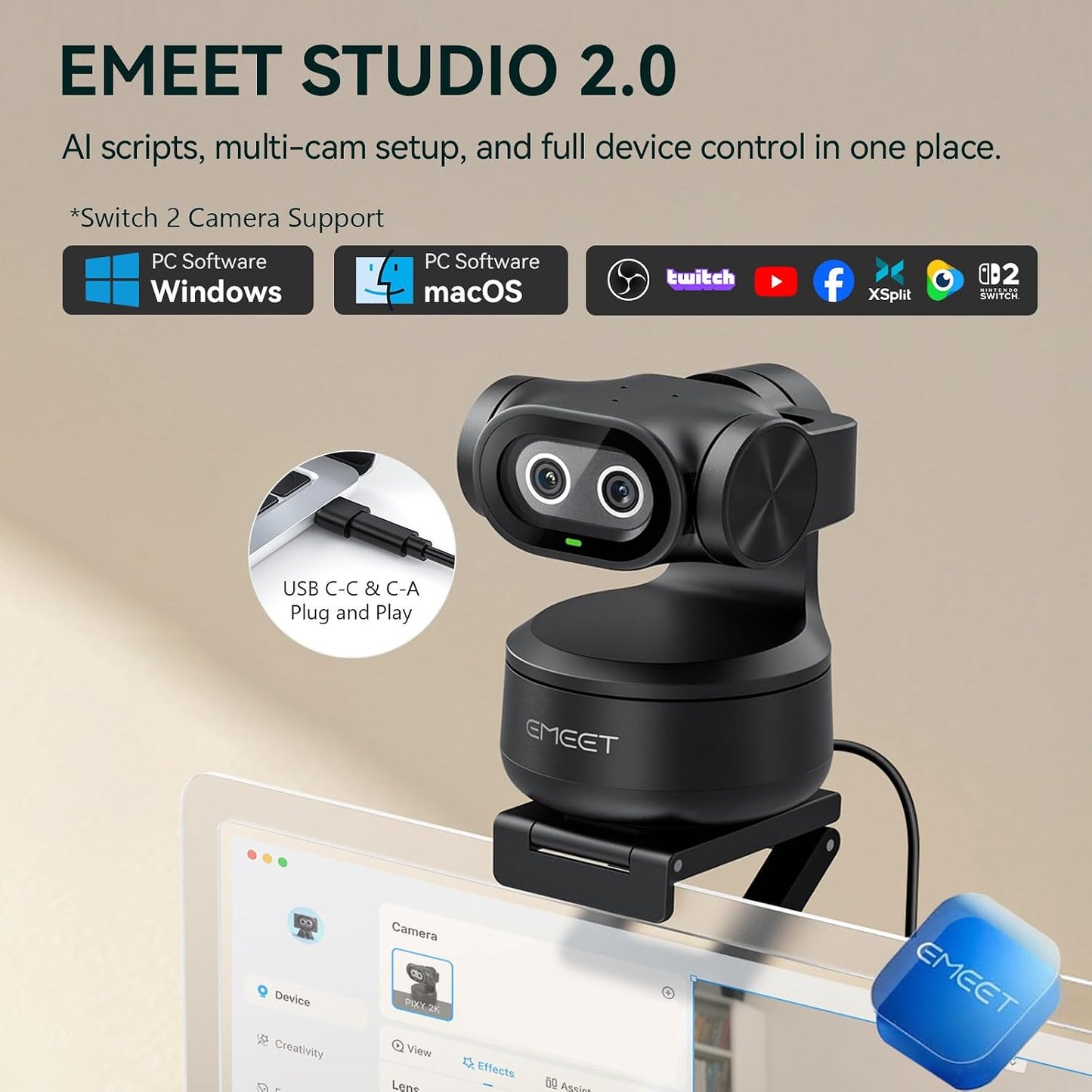 EMEET PIXY Dual-Camera PTZ Camera 2K, AI Tracking, PDAF&AI Autofocus 0.2s | 1/2.55'' Sony Sensor, 3 Mics, Presets, Gesture Control, 2K Webcam for Streaming and OBS/Twitch/Switch 2 Compatible