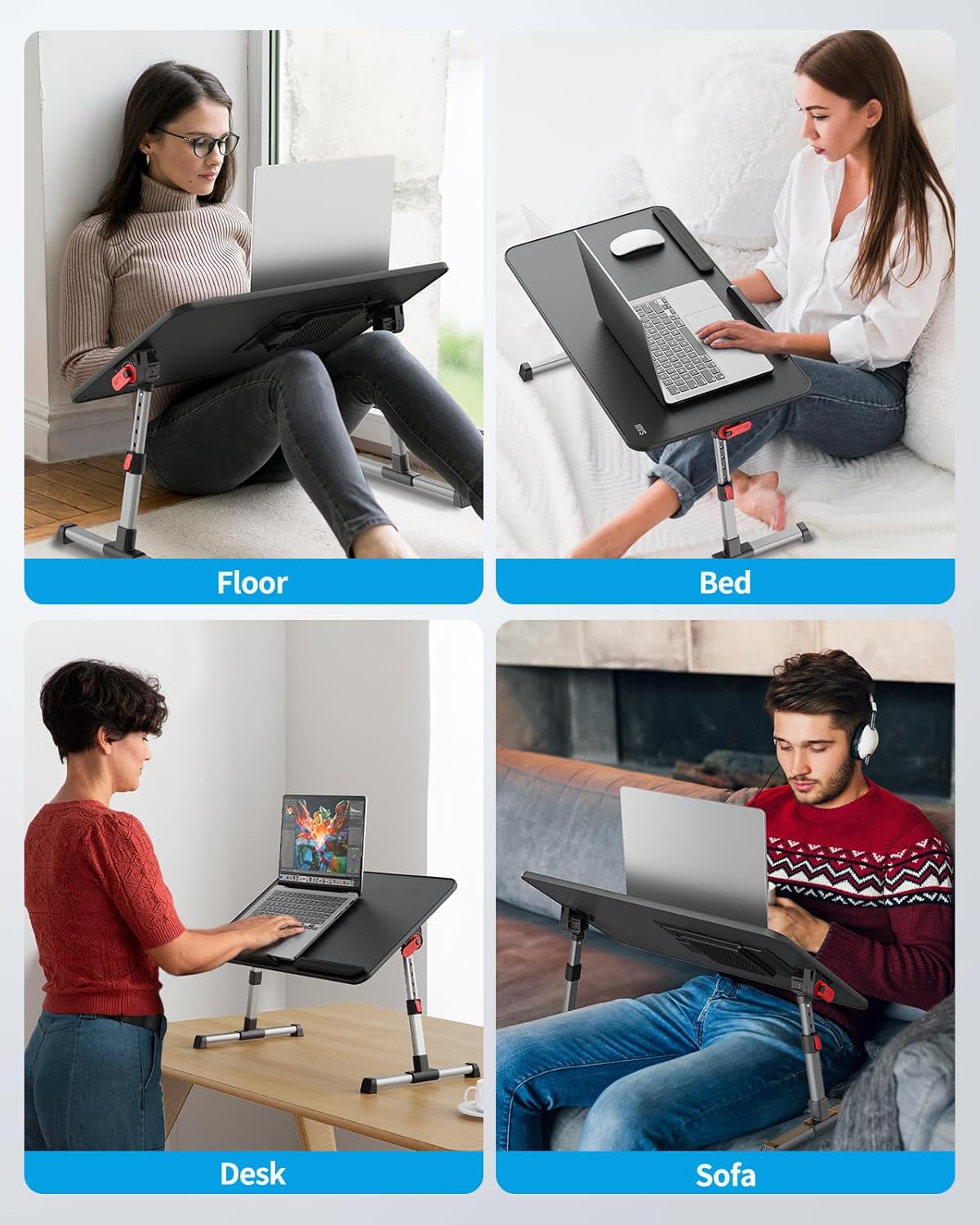 Laptop Desk for Bed with Cooling Fan, SAIJI Height & Angle Adjustable Laptop Stand for Bed, Lap Desk Tray Table, Lightweight Foldable Portable Computer Table for Couch Sofa Chair Floor Desk (Black)