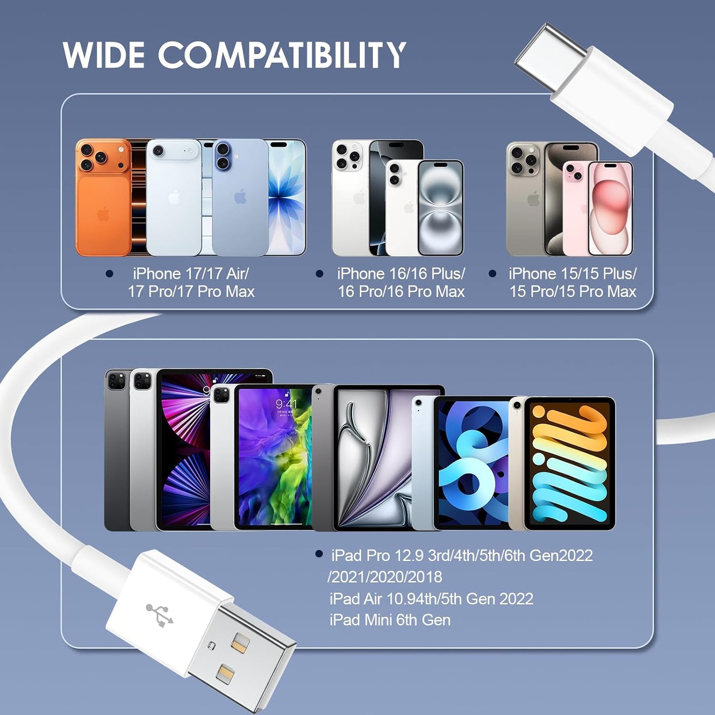 QZIIW 4Pack Apple USB C Fast Charging Cable 3FT for iPhone 17 16 15 Pro max | USB A to USB C Car Carplay Cord for iPhone 17 16 15 Pro/17 16 15 Plus Samsung S26 S25 S24, iPad Pro 12.9/11,Air 5th/4th Gen