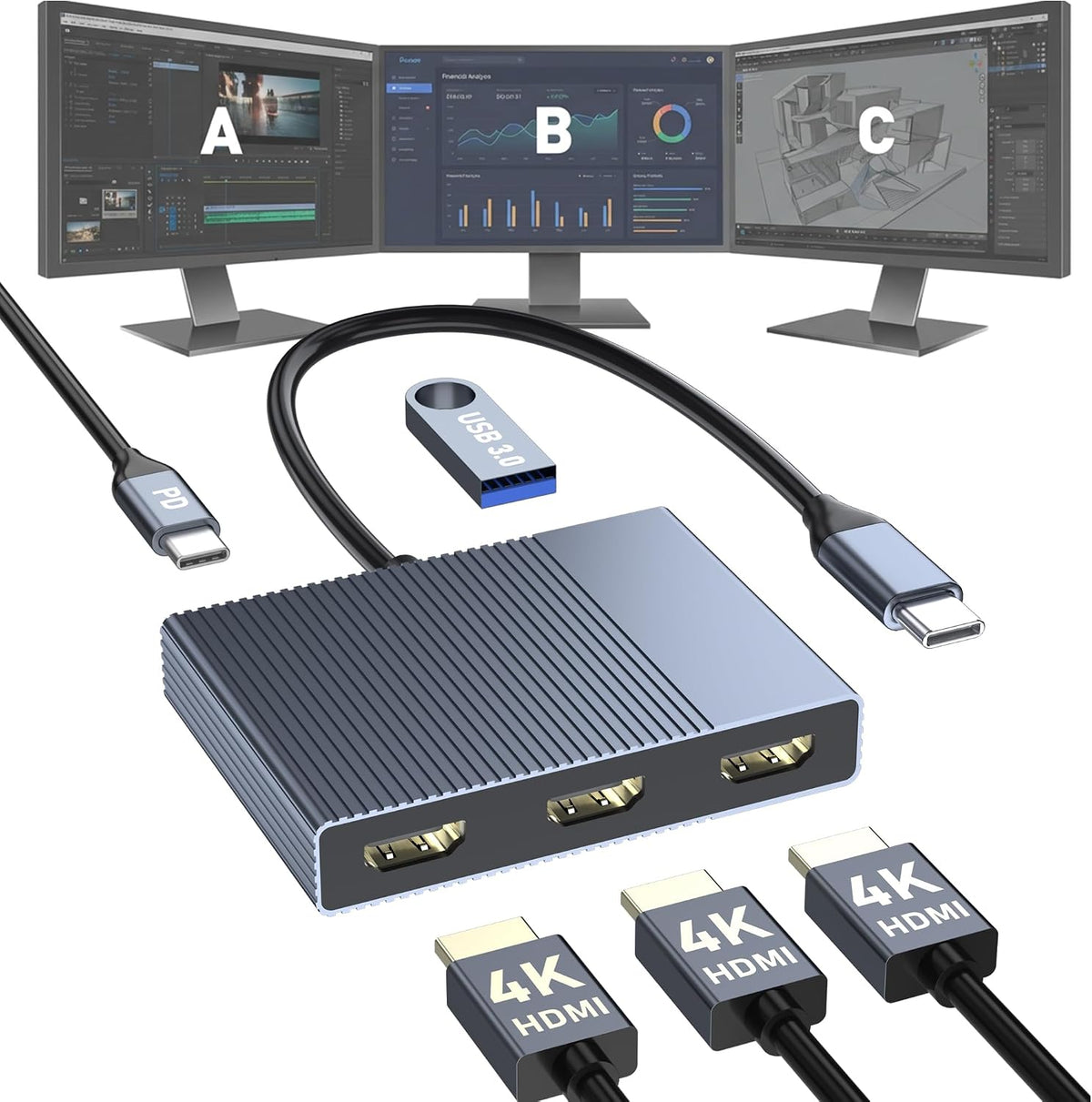 USB C to 3 HDMI Adapter with PD 100W/USB3.0, 4K@60Hz 3 Way HDMI Splitter Extended Display for 3 Monitors, Triple Monitor Docking Station for Dell/HP/Mac Laptop, SST/MST USBC Hub for Multiple Monitors