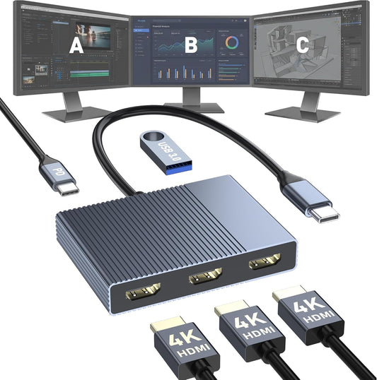 USB C to 3 HDMI Adapter with PD 100W/USB3.0, 4K@60Hz 3 Way HDMI Splitter Extended Display for 3 Monitors, Triple Monitor Docking Station for Dell/HP/Mac Laptop, SST/MST USBC Hub for Multiple Monitors