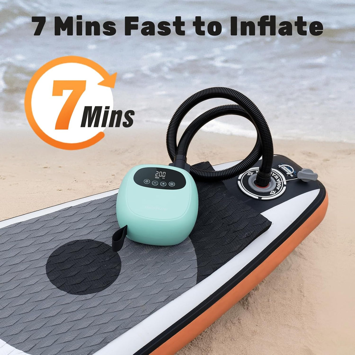dwndpump Paddle Board Electric Pump, Rechargeable Battery-Powered Auto-Off | 20 PSI Portable Cordless Dual-Stage Inflation/Deflation, with 7 Valve Adapters, Inflatables for Kayaks, Wind Wings, SUPs