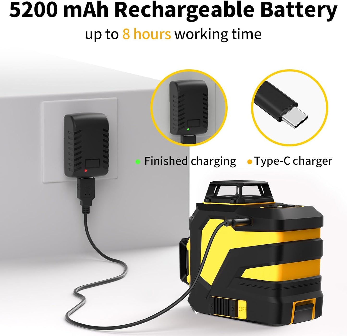 Laser Level with 12 Green Lines, Built-in 5200 mAh Li-ion Battery | 3×360° Full Coverage, for Construction and Picture Hanging