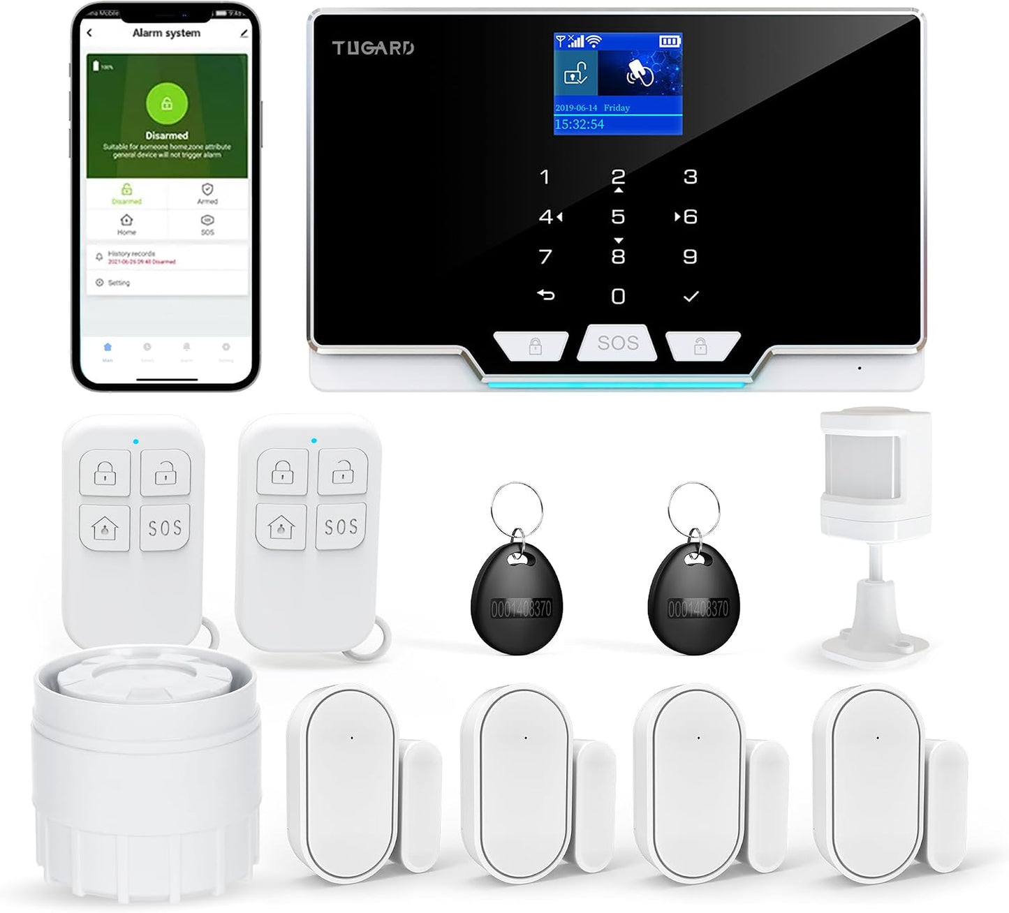 Alarm Security with Phone APP Alert,1.8" TFT Colorful Screen Smart Home Security System 12Pieces Kits,Monitor Sensor,Remote Controls,Compatible with Alexa and Assistant for Home Apartment Villa,Black
