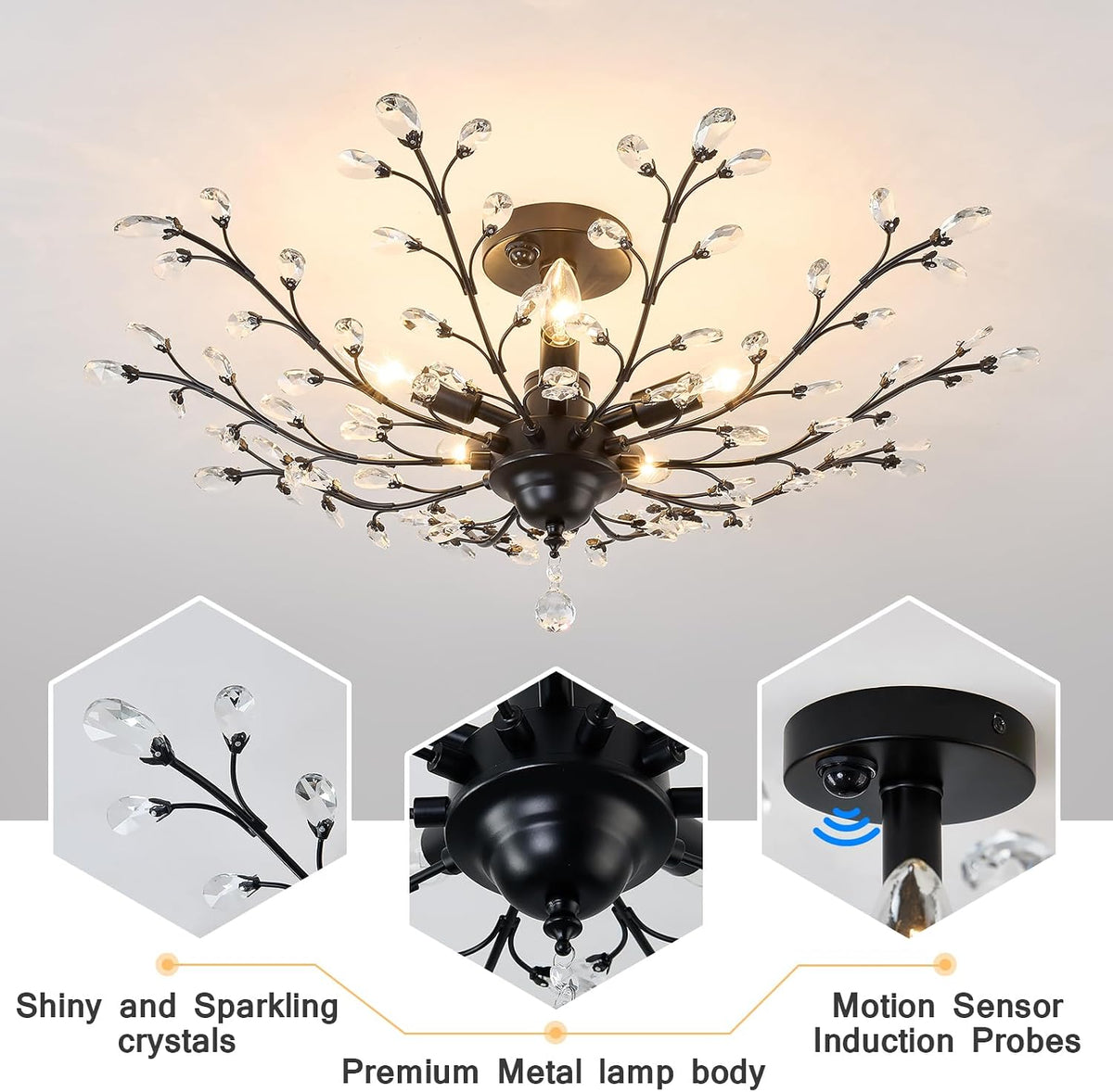 CVKASH Motion Sensor Crystal Chandelier Modern Black Semi Flush Mount Ceiling Light Fixture Vintage Small Chandelier Lighting for Kitchen Bedroom Living Room Dining Room Hallway Foyer