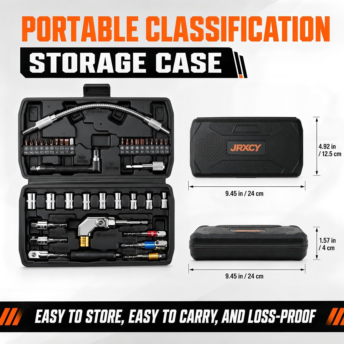 39PCS Flexible Drill Bit Extension Set | Includes 105° Right Angle Adapter, 4-12mm Metric Sockets, Screwdriver Bits, Double Head Drive with Storage Case