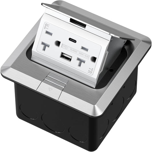 USB Pop Up Floor Socket Kit with 2 * 20A Receptacle，4.8A 1 USB-A Ports &1 USB-C Port，Corrosive Resistant Hardware,Silver