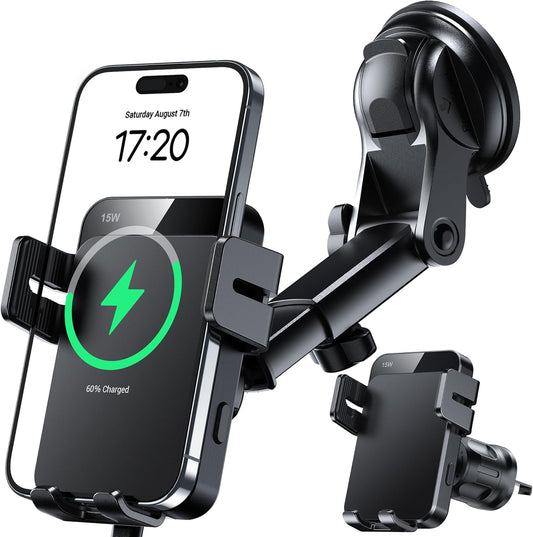 Wireless Car Charger 15W Auto Clamping Phone Holder Dash Windshield Vent | Car Charger Compatible with iPhone 17 16 15 14/13/13 Pro/12 pro/12/11/X/8, Samsung S24/S23/S22
