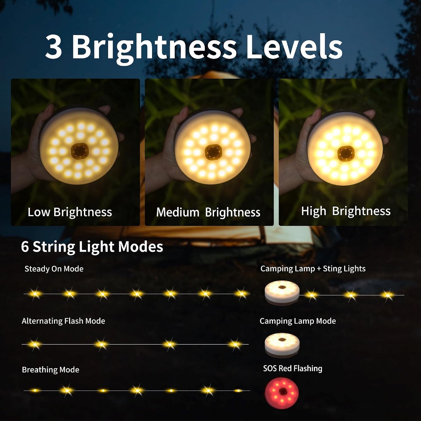 Solar Camping String Lights, 33FT 100LED Quick Storage Rechargeable Tent Lights with 9 Lighting Modes, Portable Camping Fairy Lights Waterproof for Outdoor Patio Garden Party Decorations