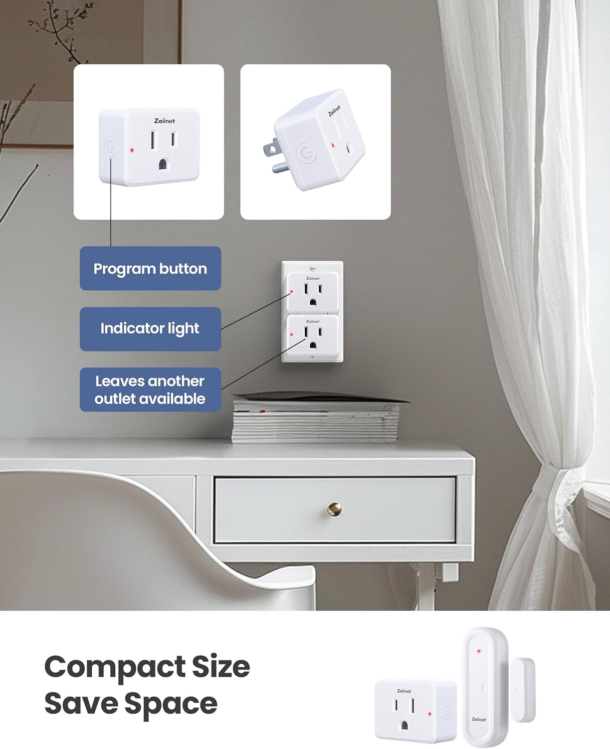 Zoiinet Door Sensor Outlet Plug Kit, Wireless Mini Contact Window Sensor, Group Control Unlimited Devices, No Wiring No WiFi, 130 ft, 15A/1500W, Programmable, for Household Appliances