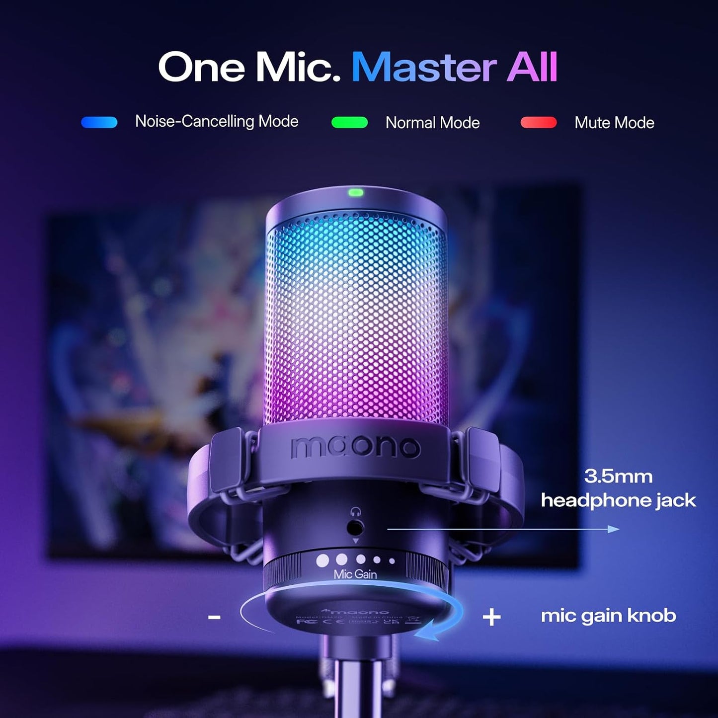 MAONO DGM20 USB Gaming Microphone for PC with Clear Voice & RGB Lighting | Noise Reduction, Tap-to-Mute, Gain Control and Plug & Play for Discord, Streaming, Podcasting, Chat and PS5/PS4 Gaming