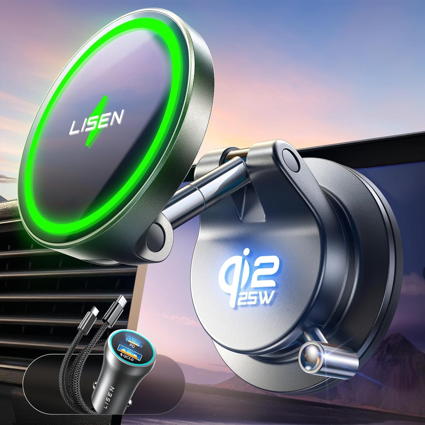 LISEN for Qi2.2 25W MagSafe Car Mount Charger,Magnetic Wireless Car Charger | [With 54W Adapter] Vacuum Suction Car Phone Mount, 360° Magnetic Wireless Phone Holders for Your Car, Only for iPhone 17-12